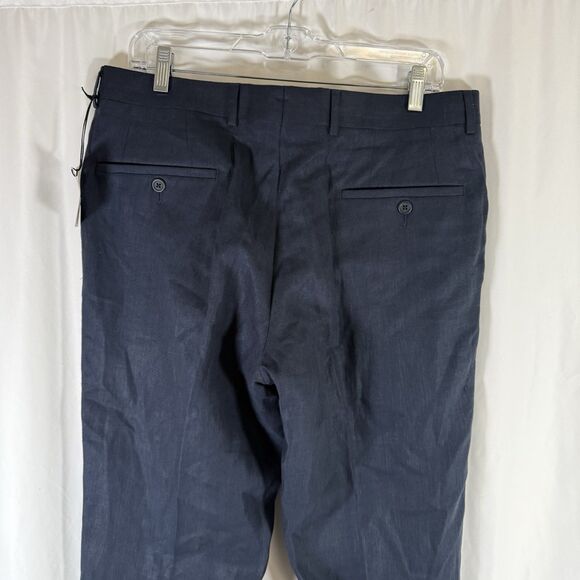 New Nordstrom Men's Shop Linen Pants Men's 34R Navy Blue Flat Front Office Work - Picture 10 of 12